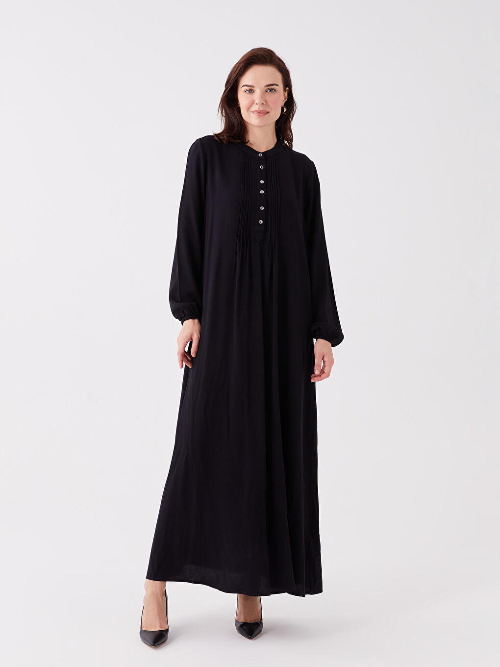 Siyah Bisiklet Yaka Düz Uzun Kollu Kadın Elbise