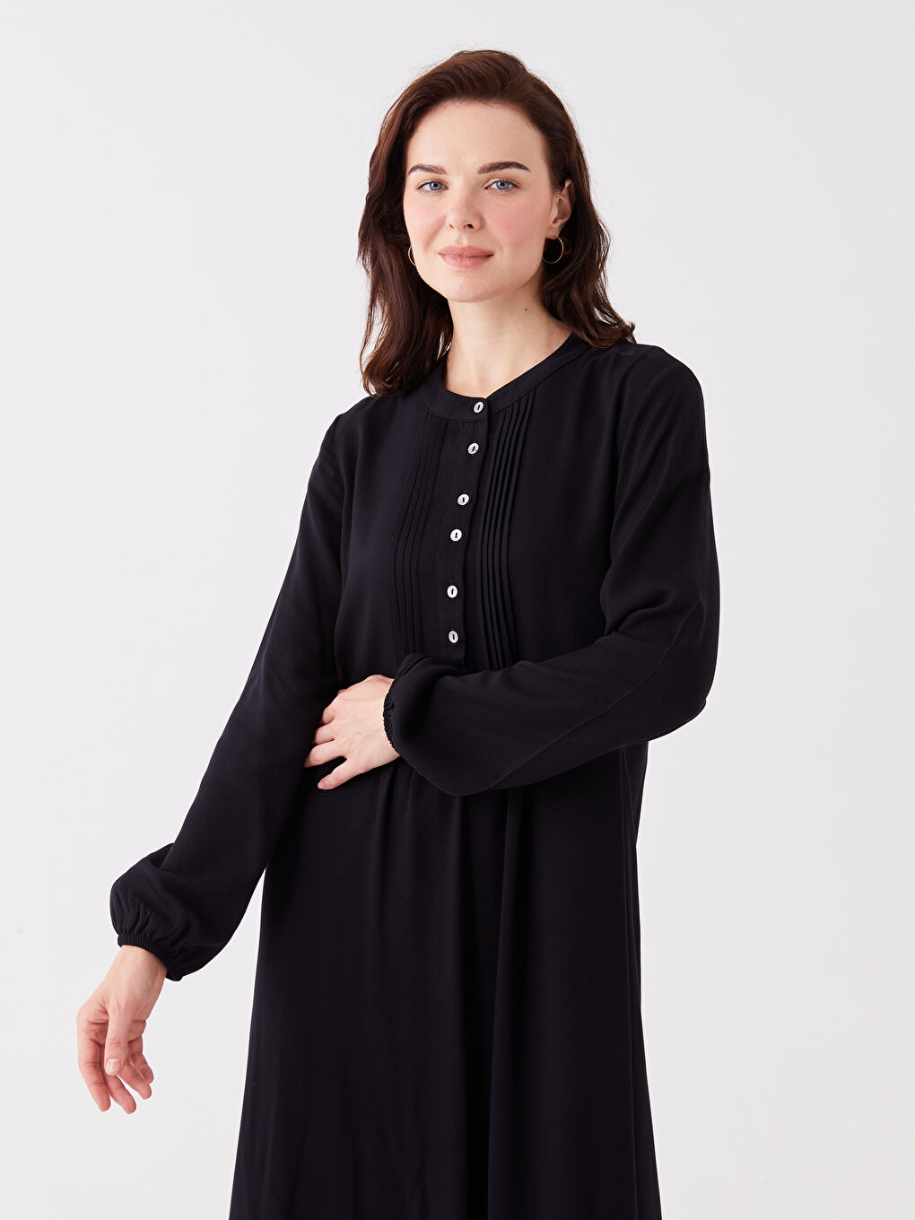 Siyah Bisiklet Yaka Düz Uzun Kollu Kadın Elbise-2