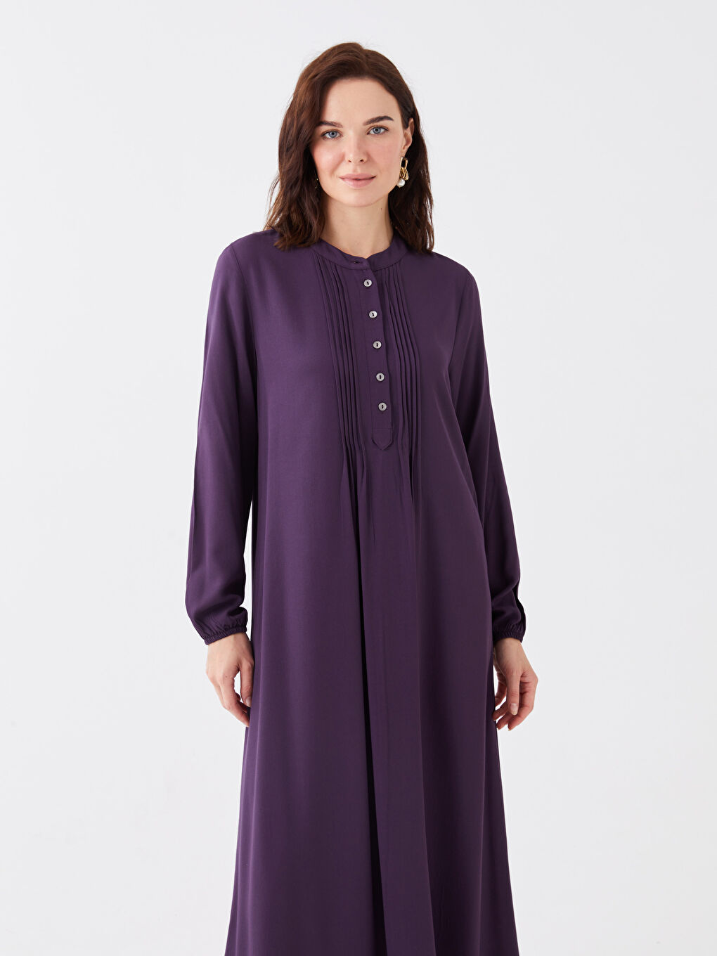 Mor Bisiklet Yaka Düz Uzun Kollu Kadın Elbise-1