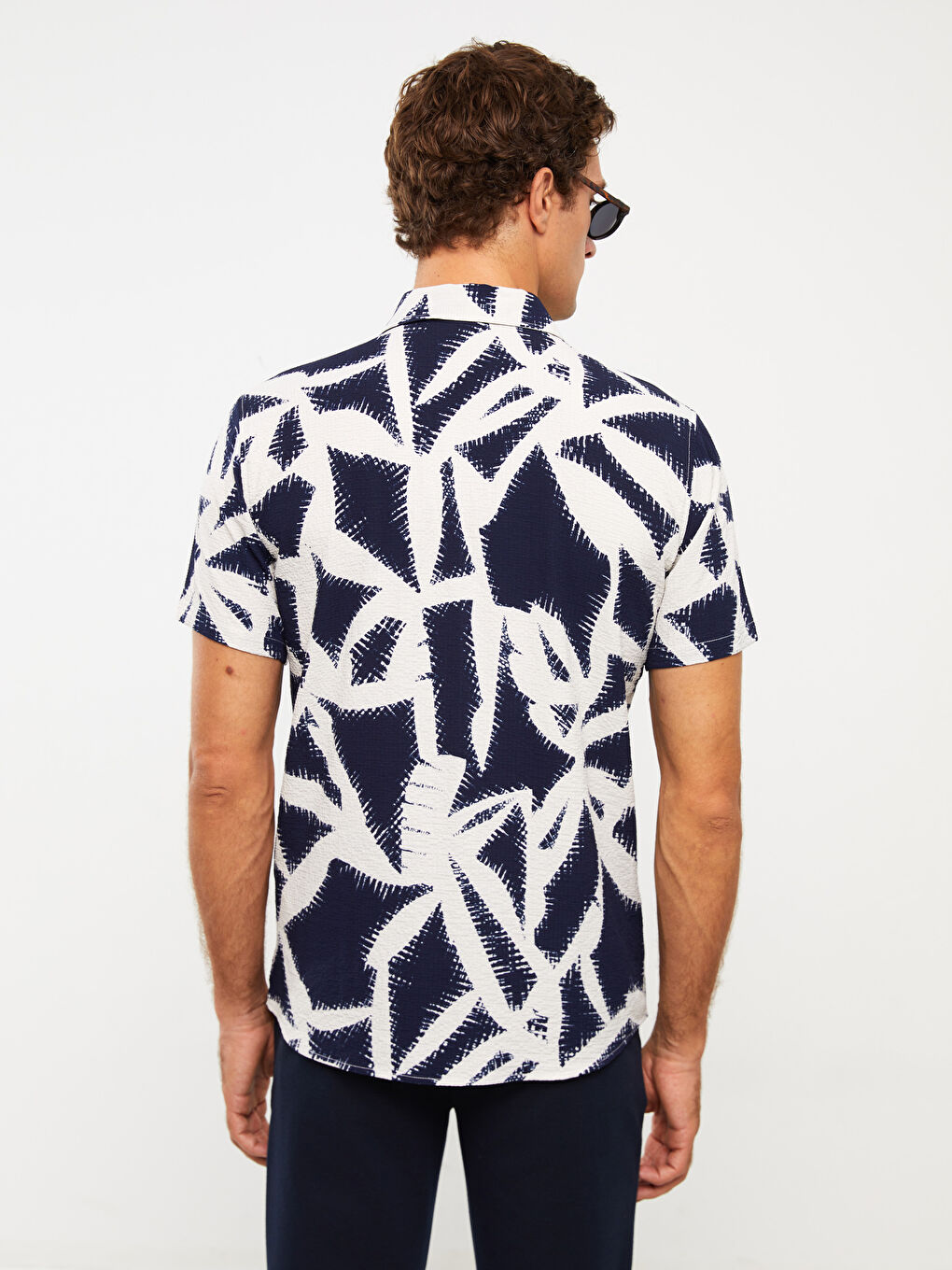 Lacivert Regular Fit Kısa Kollu Desenli Erkek Gömlek-4