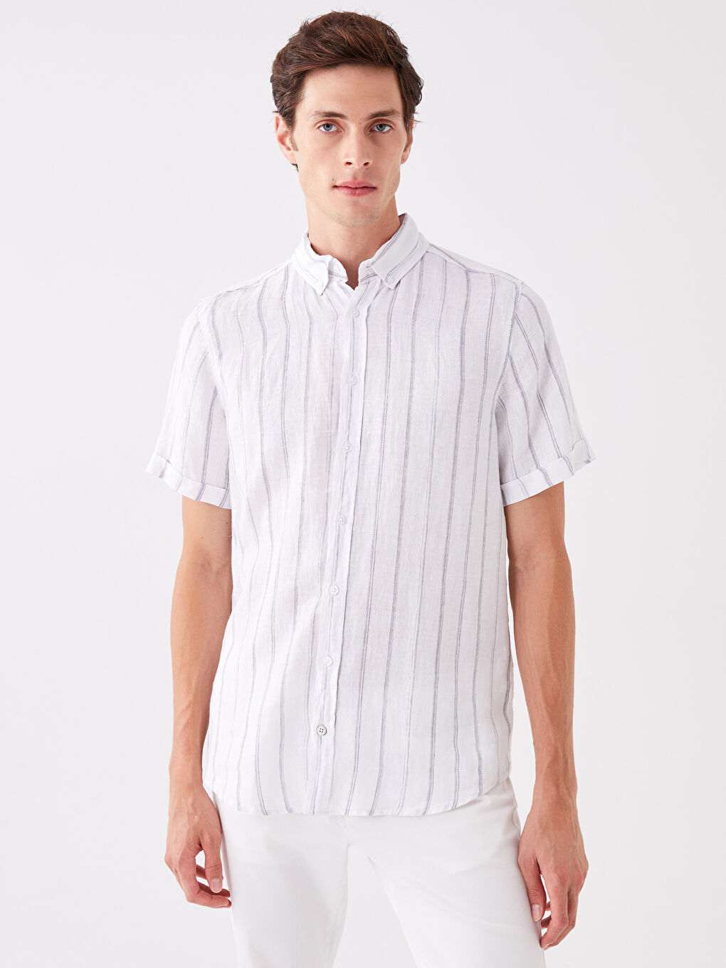 Beyaz Regular Fit Kısa Kollu %100 Keten Erkek Gömlek