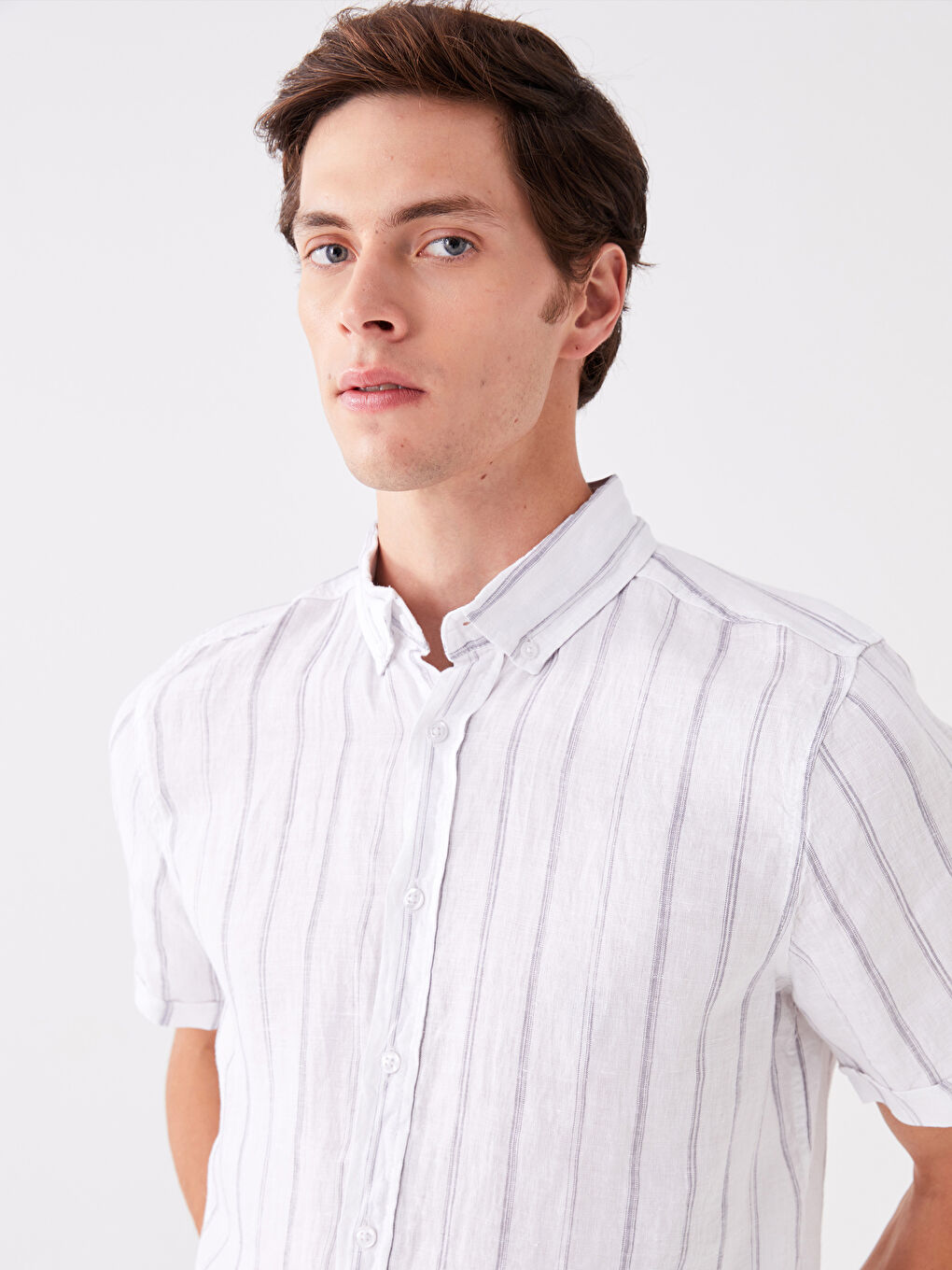 Beyaz Regular Fit Kısa Kollu %100 Keten Erkek Gömlek-1