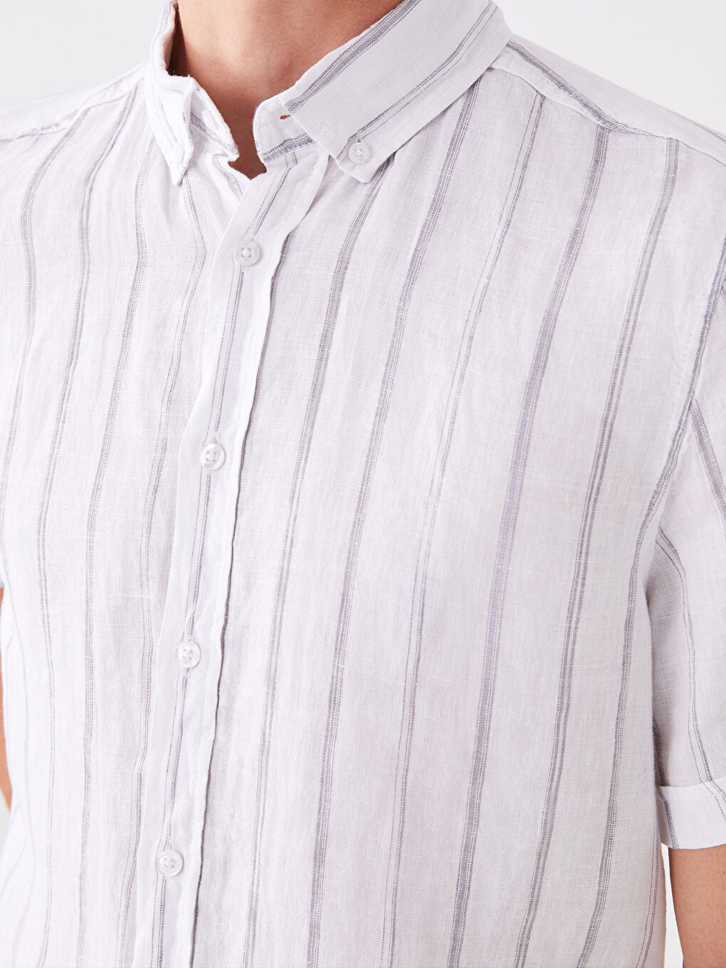 Beyaz Regular Fit Kısa Kollu %100 Keten Erkek Gömlek-3