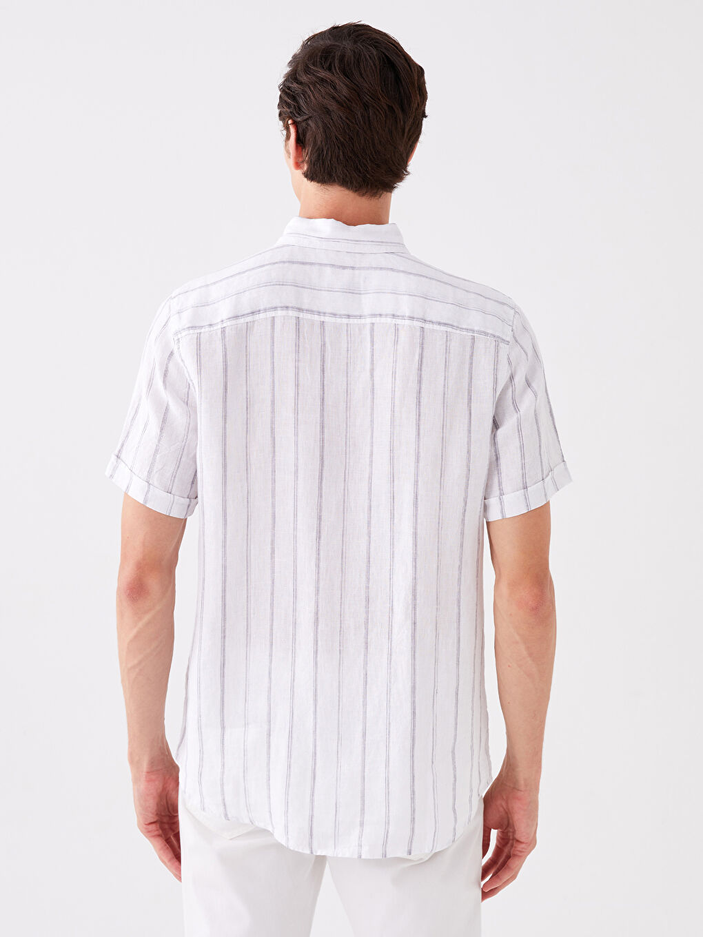 Beyaz Regular Fit Kısa Kollu %100 Keten Erkek Gömlek-4