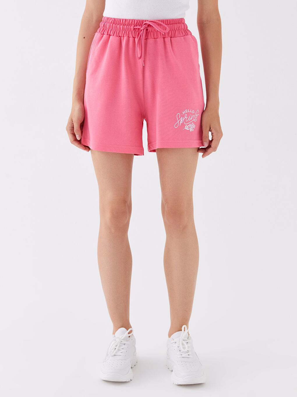 Pembe Beli Lastikli Baskılı Kadın Şort-3