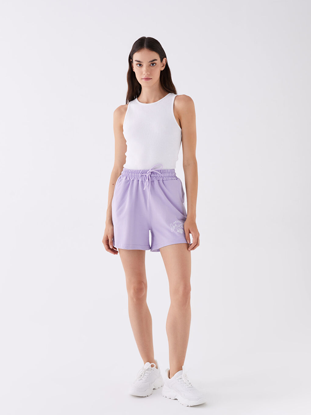 Lila Beli Lastikli Baskılı Kadın Şort