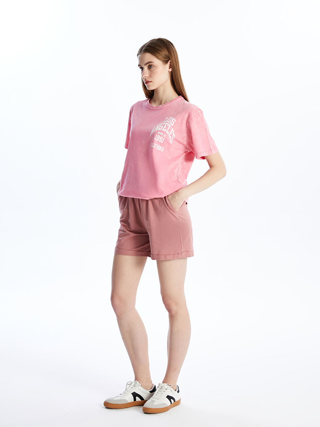 Pembe Beli Lastikli Kadın Şort-2