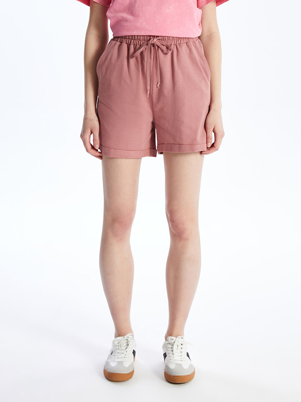 Pembe Beli Lastikli Kadın Şort-4