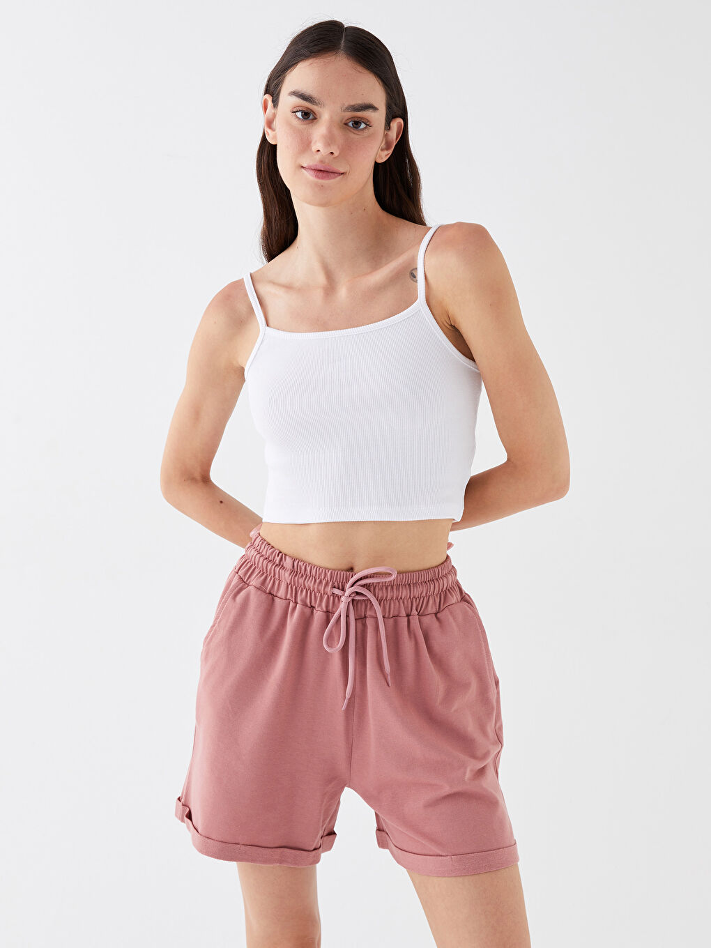 Pembe Beli Lastikli Kadın Şort-1