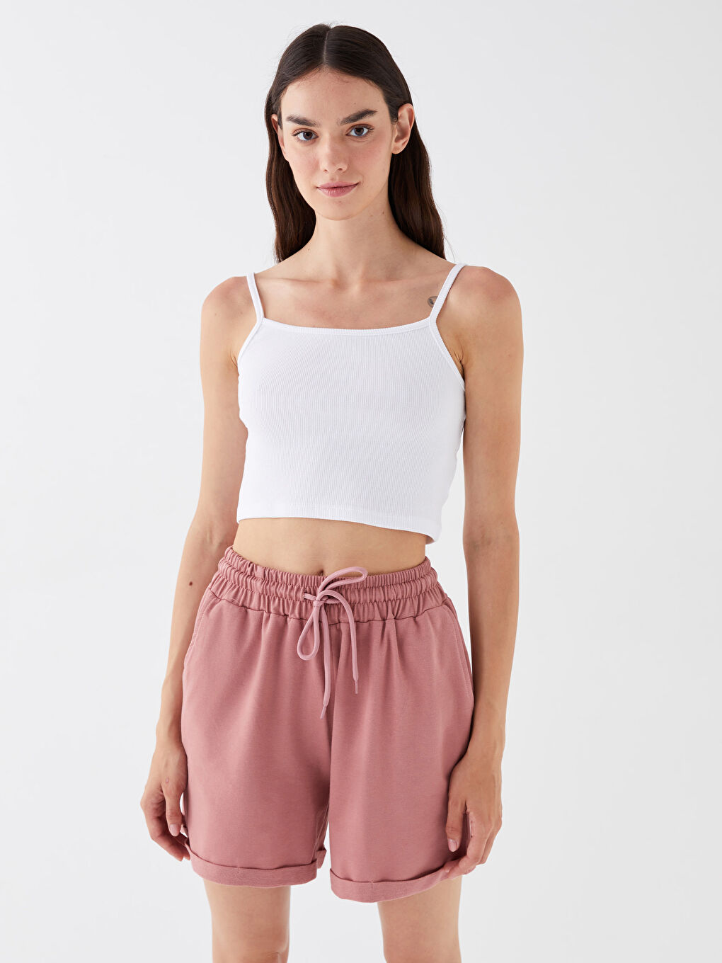 Pembe Beli Lastikli Kadın Şort-3