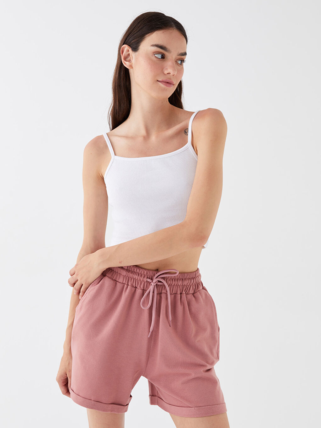 Pembe Beli Lastikli Kadın Şort-5