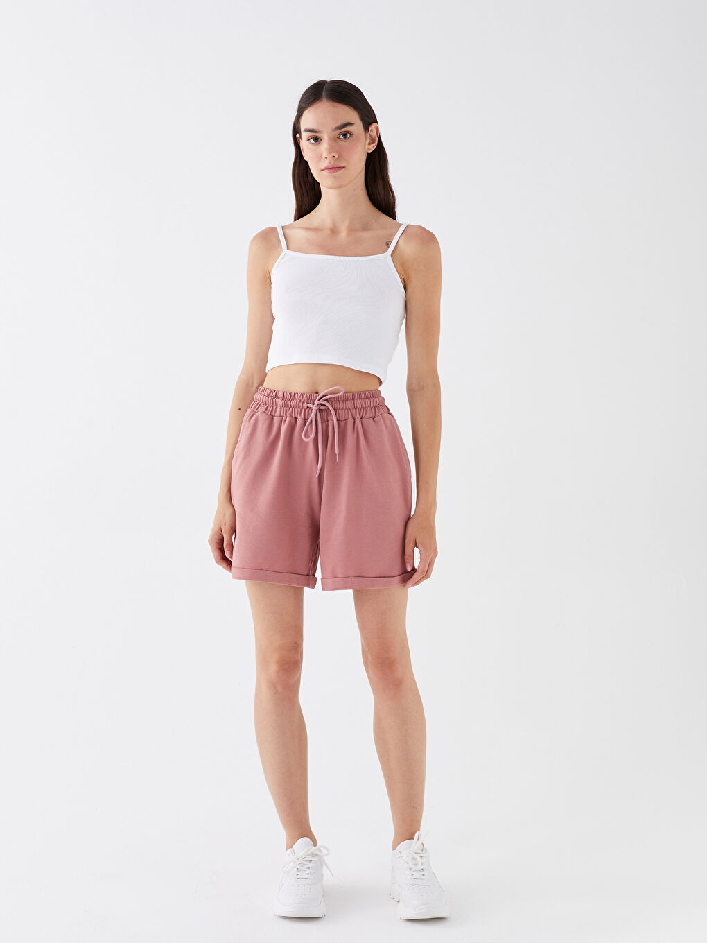 Pembe Beli Lastikli Kadın Şort-7