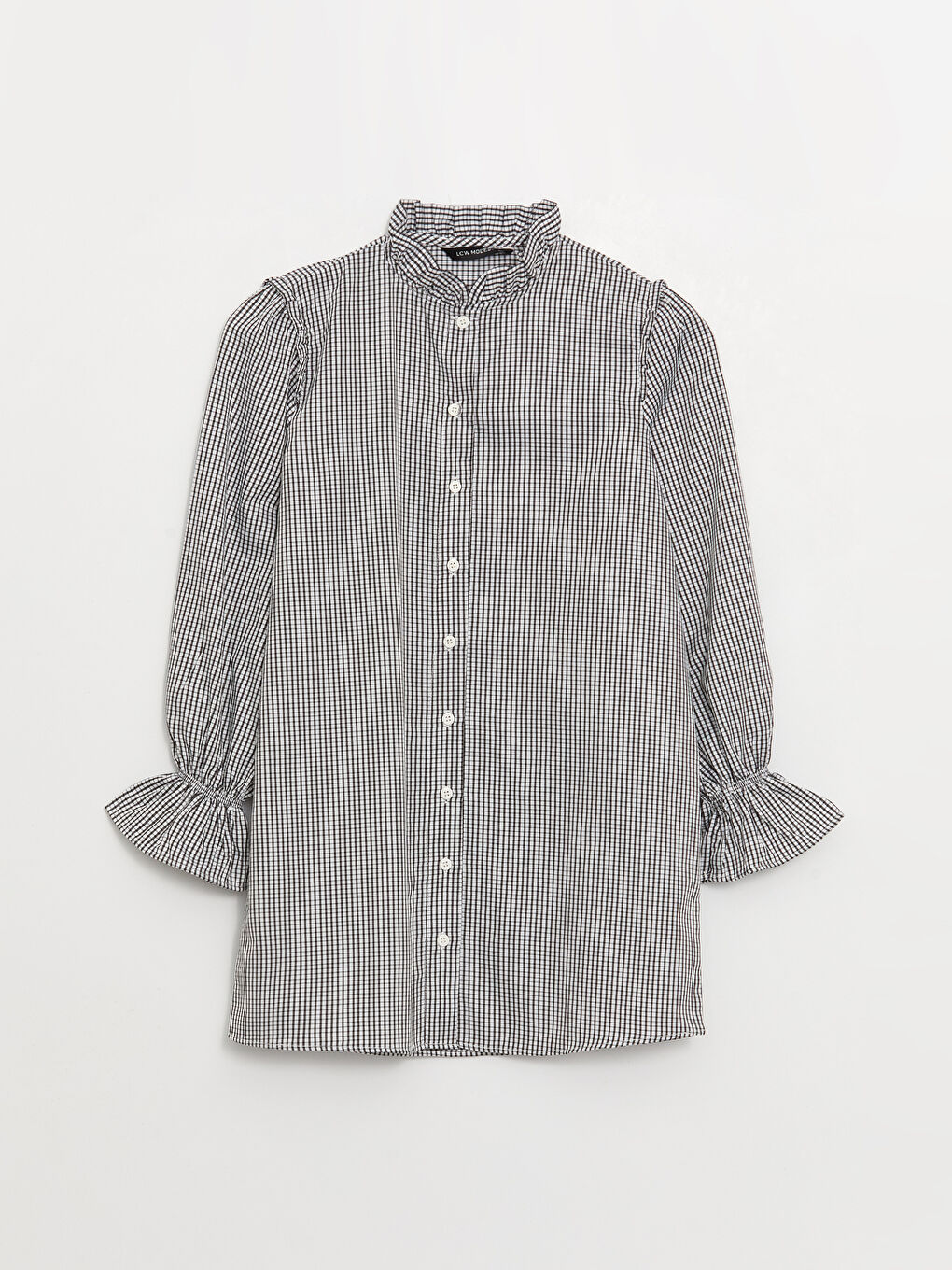 Siyah Fırfırlı Dik Yaka Ekose Uzun Kollu Kadın Tunik-5