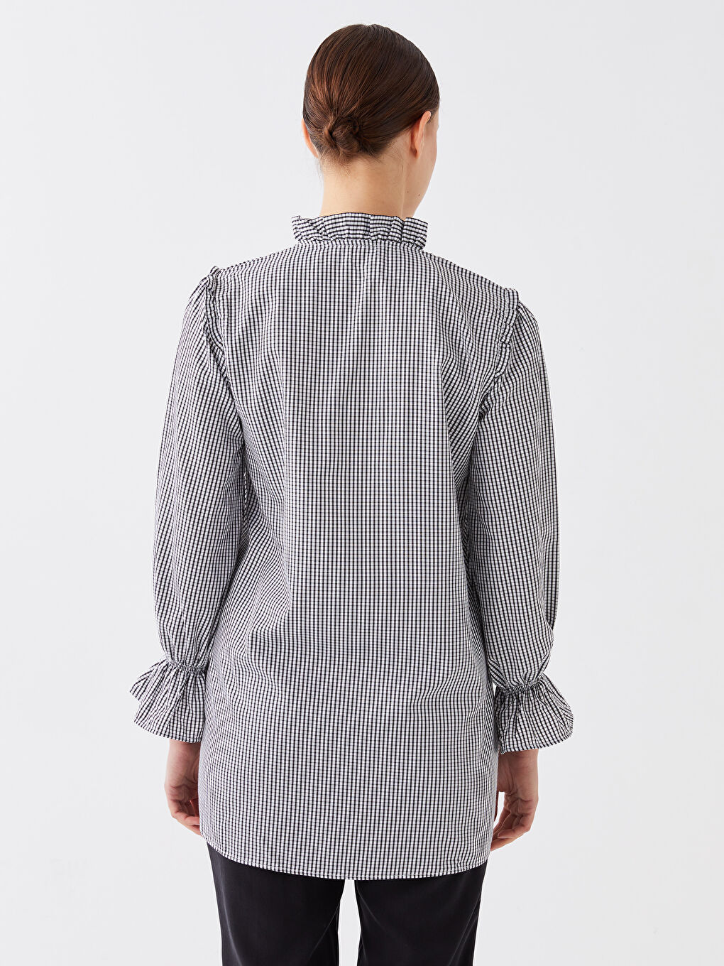 Siyah Fırfırlı Dik Yaka Ekose Uzun Kollu Kadın Tunik-4