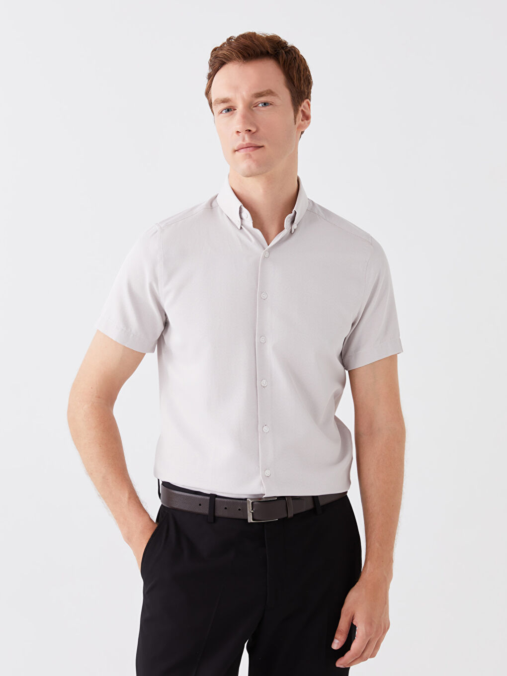 Bej Slim Fit Kısa Kollu Erkek Gömlek