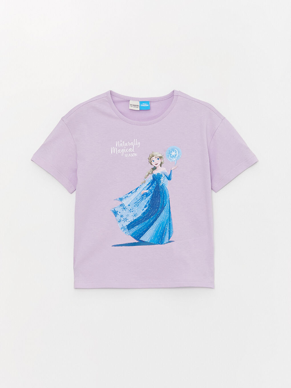 Lila Bisiklet Yaka Elsa Baskılı Kısa Kollu Kız Çocuk Tişört