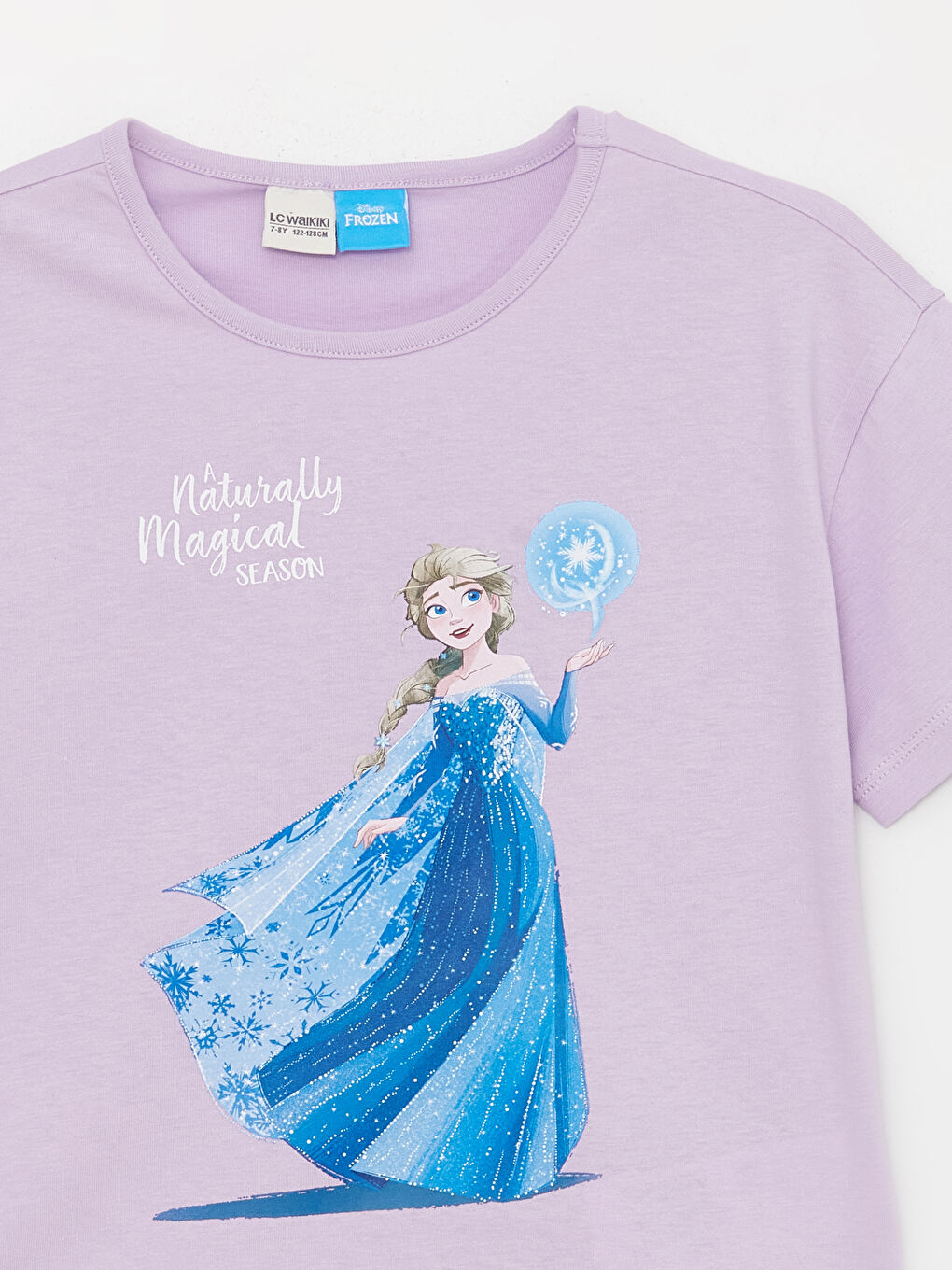 Lila Bisiklet Yaka Elsa Baskılı Kısa Kollu Kız Çocuk Tişört-1