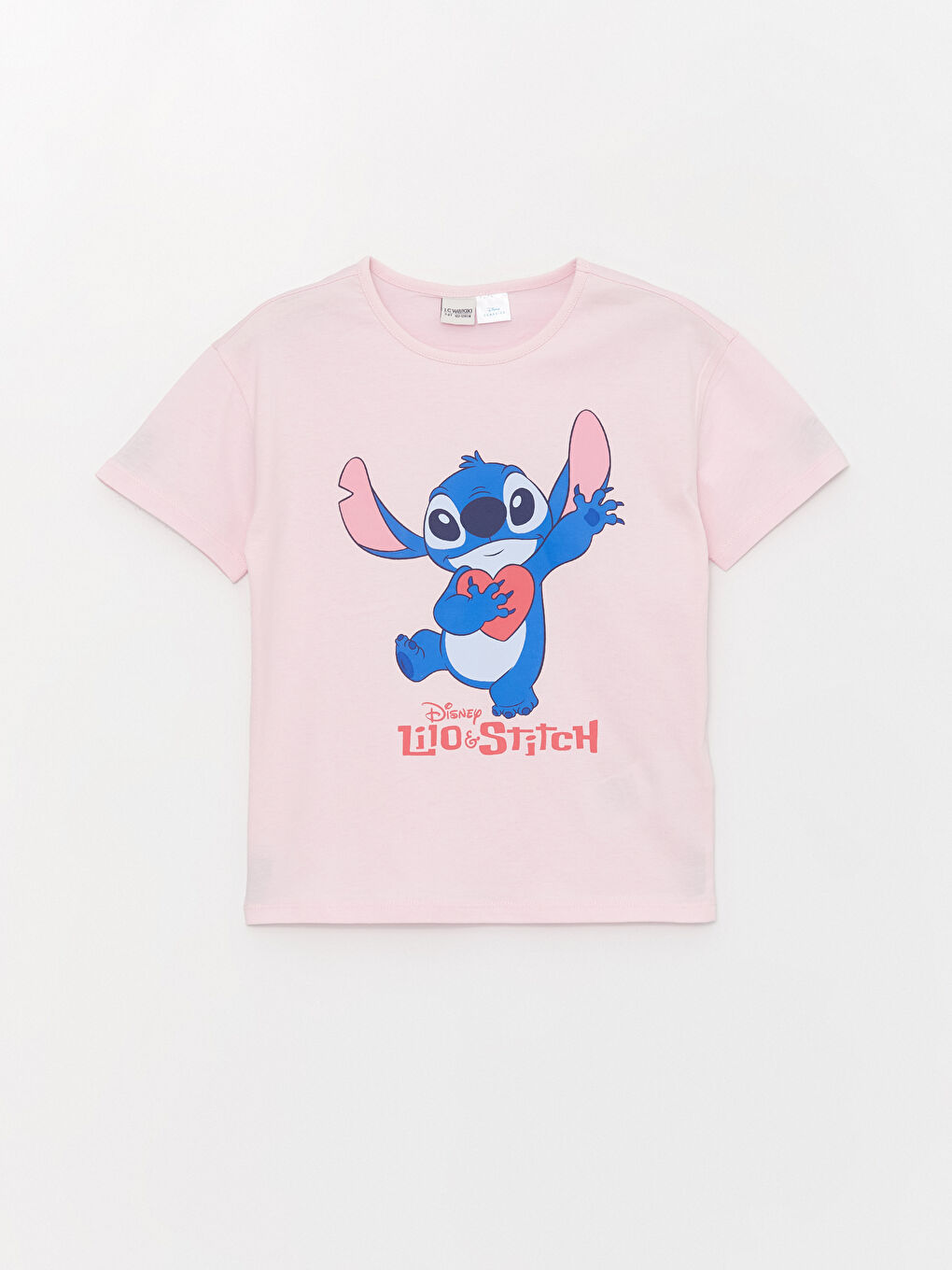 Pembe Bisiklet Yaka Lilo ve Stitch Baskılı Kısa Kollu Kız Çocuk Tişört