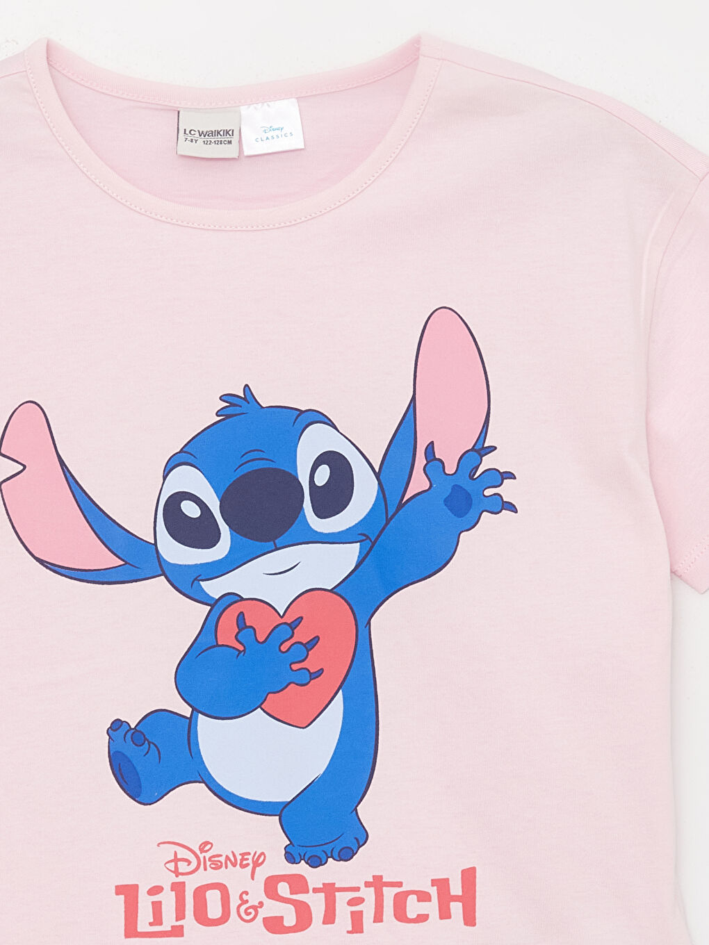 Pembe Bisiklet Yaka Lilo ve Stitch Baskılı Kısa Kollu Kız Çocuk Tişört-1