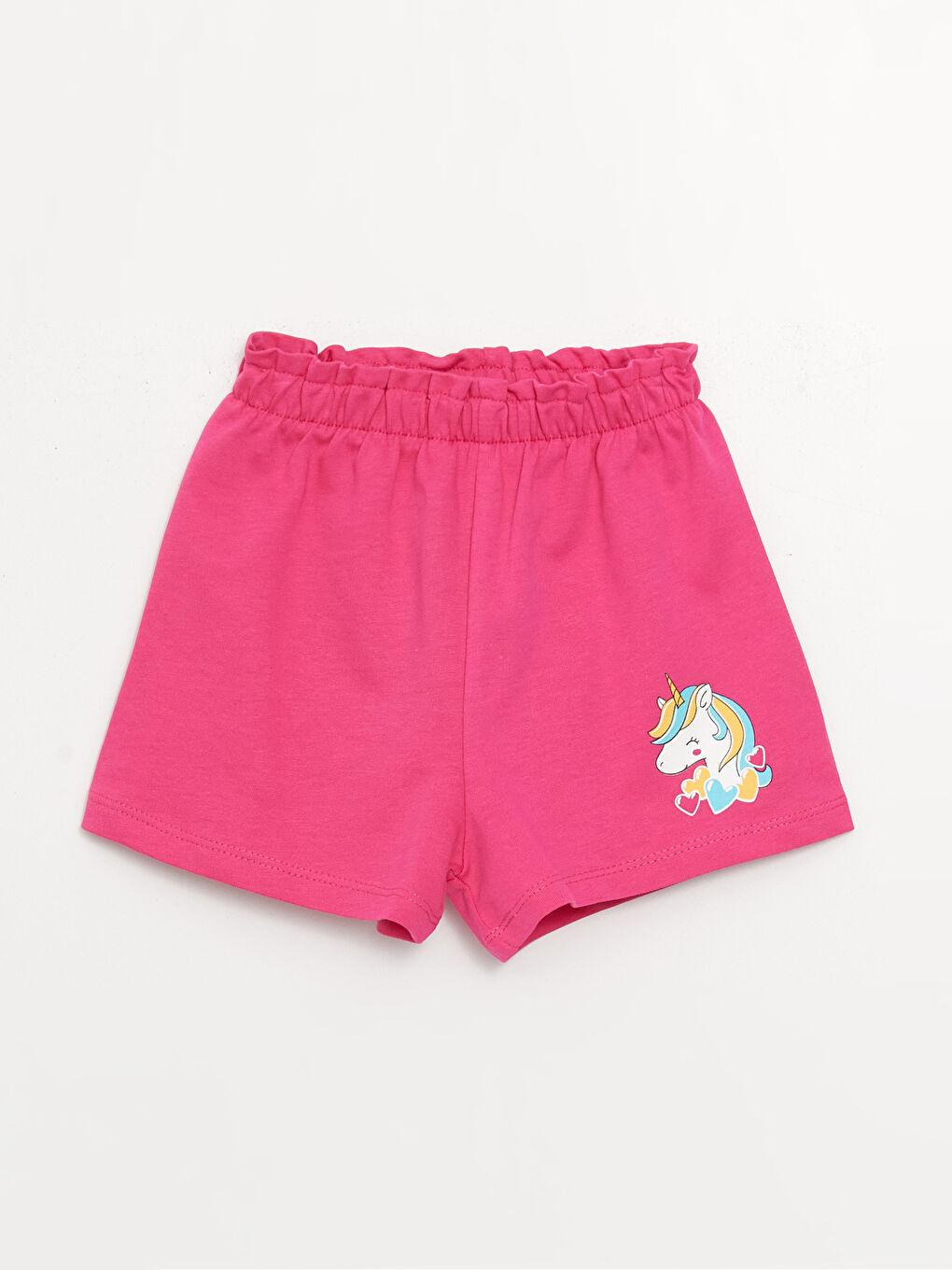 Fuşya Beli Lastikli Baskılı Kız Bebek Şort