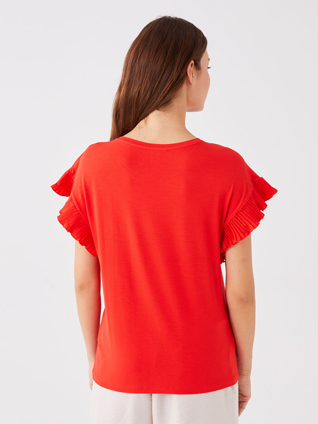 Kırmızı Bisiklet Yaka Düz Kısa Kollu Kadın Bluz-4