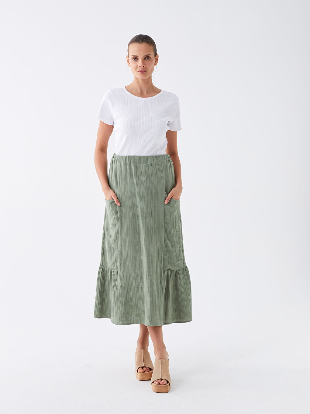 Plain Muslin Women's Skirt with Elastic Waist -S3KN90Z8-J6Q