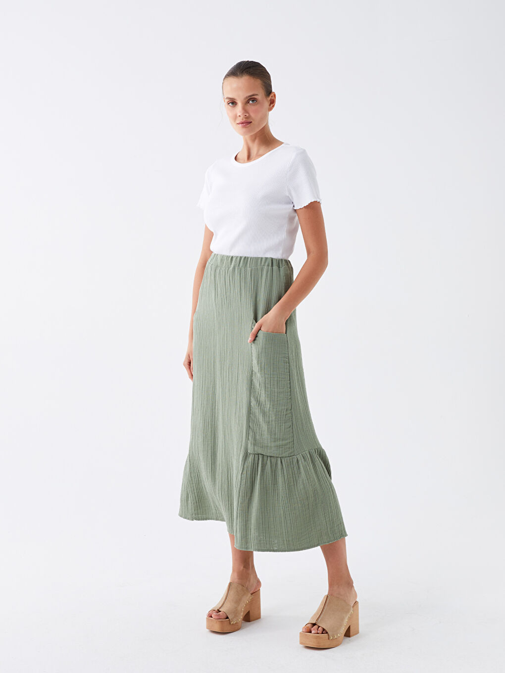 Plain Muslin Women's Skirt with Elastic Waist -S3KN90Z8-J6Q