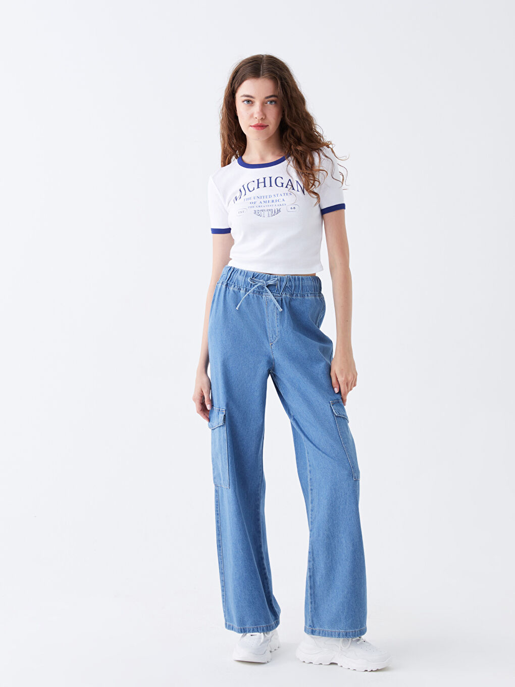 İndigo Yüksek Bel Kadın Jean Kargo Pantolon