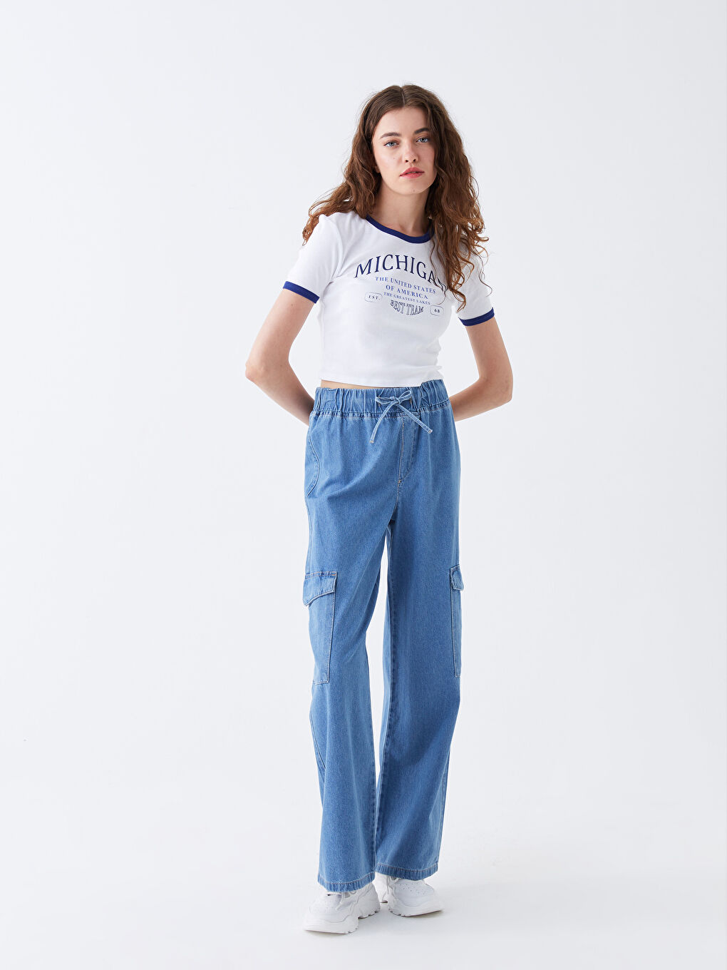 İndigo Yüksek Bel Kadın Jean Kargo Pantolon-1