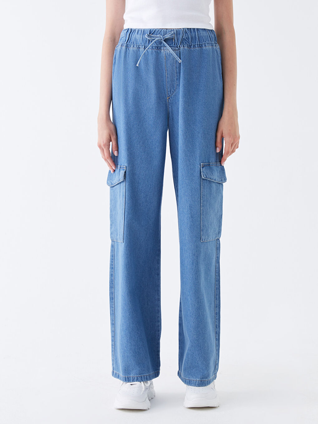 İndigo Yüksek Bel Kadın Jean Kargo Pantolon-3