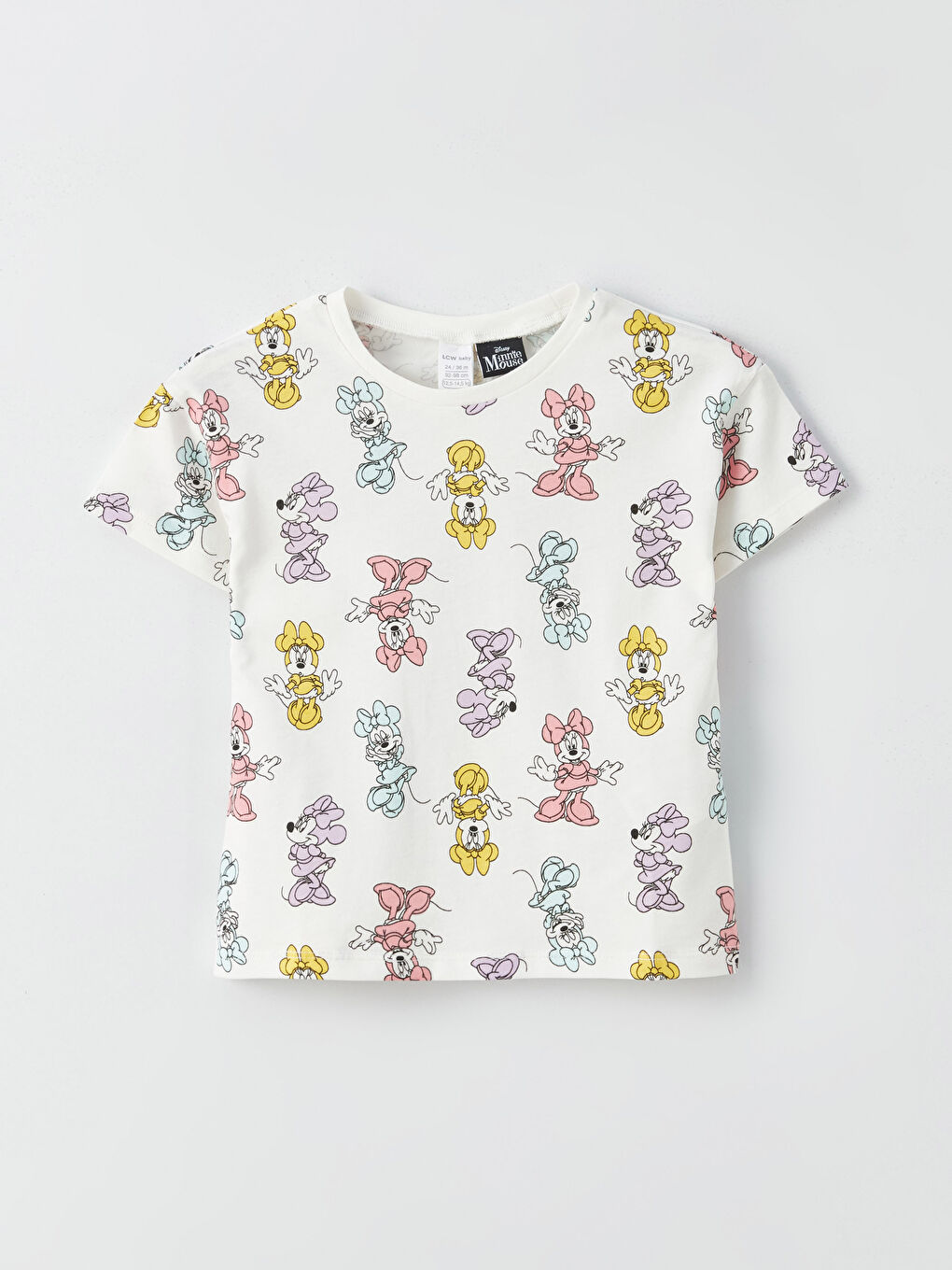 Ekru Bisiklet Yaka Kısa Kollu Minnie Mouse Baskılı Kız Bebek Tişört