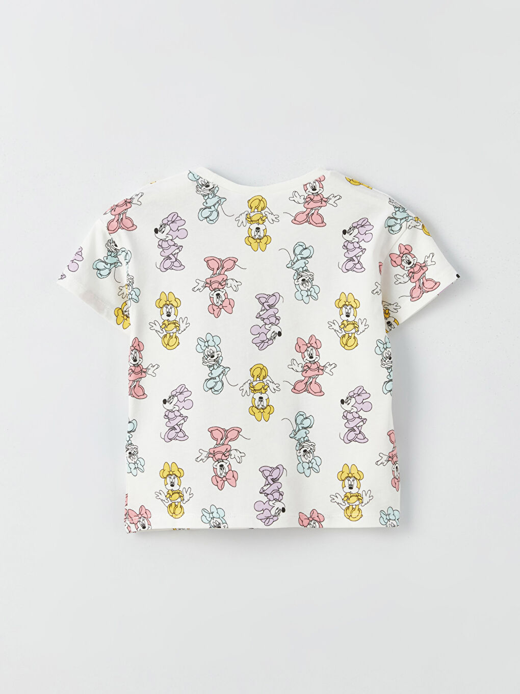 Ekru Bisiklet Yaka Kısa Kollu Minnie Mouse Baskılı Kız Bebek Tişört-1