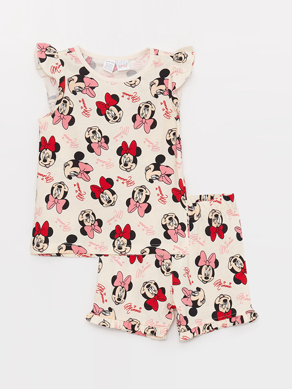 Ekru Bisiklet Yaka Minnie Mouse Baskılı Kız Bebek Şortlu Pijama Takımı