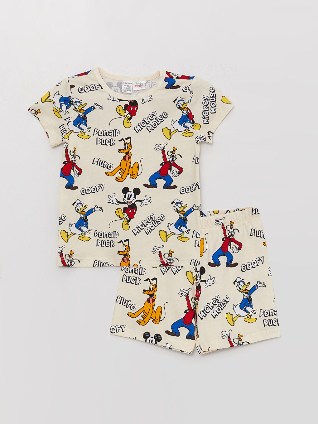 Ekru Bisiklet Yaka Kısa Kollu Mickey Mouse Baskılı Erkek Bebek Şortlu Pijama Takımı