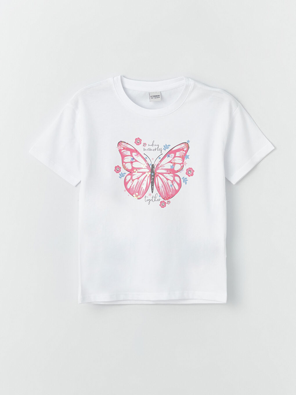 Beyaz Bisiklet Yaka Baskılı Kısa Kollu Kız Çocuk Tişört