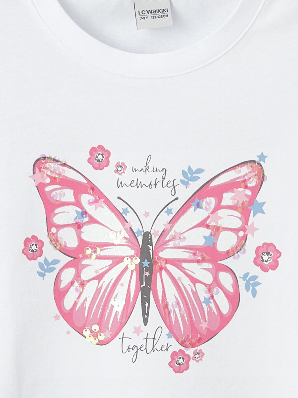 Beyaz Bisiklet Yaka Baskılı Kısa Kollu Kız Çocuk Tişört-1