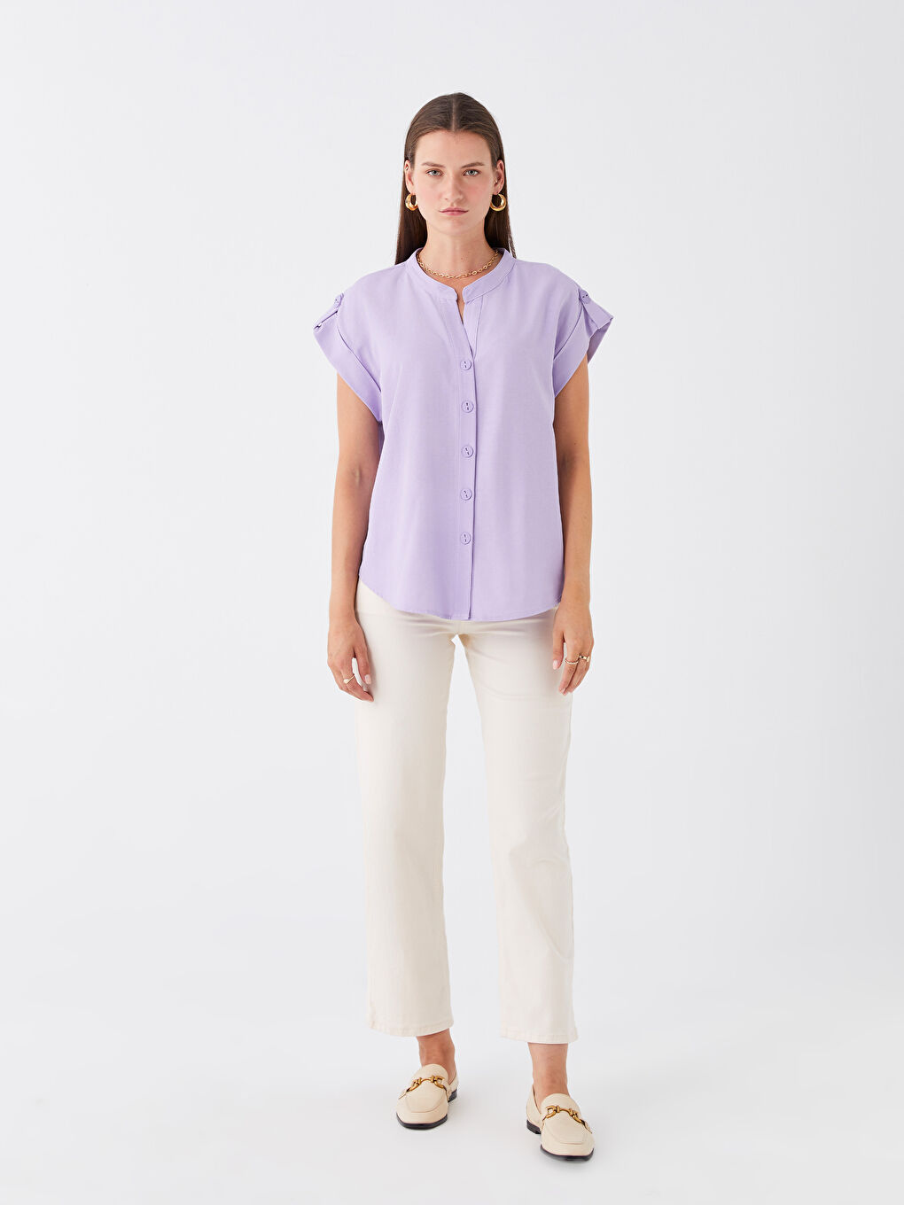 Mor Kaçık Yaka Düz Kısa Kollu Kadın Bluz-2