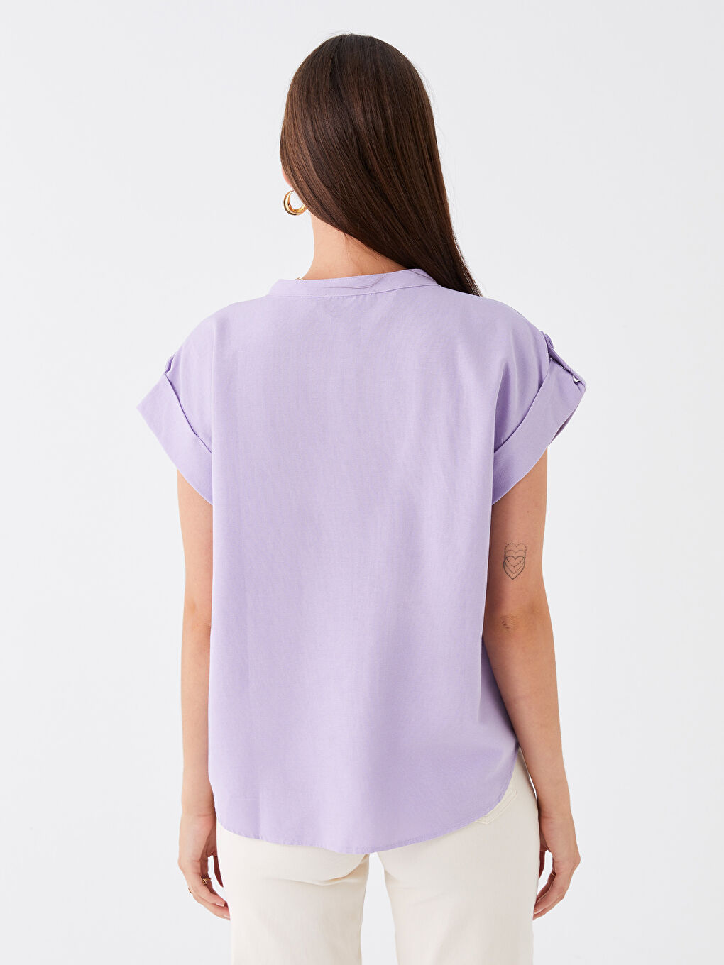 Mor Kaçık Yaka Düz Kısa Kollu Kadın Bluz-4