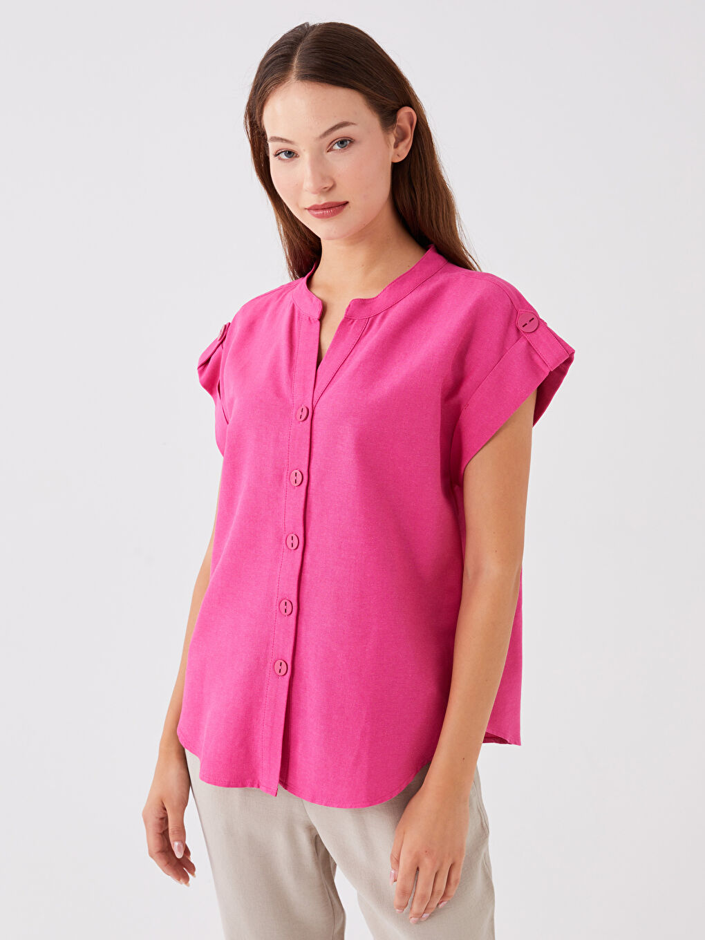 Pembe Kaçık Yaka Düz Kısa Kollu Kadın Bluz