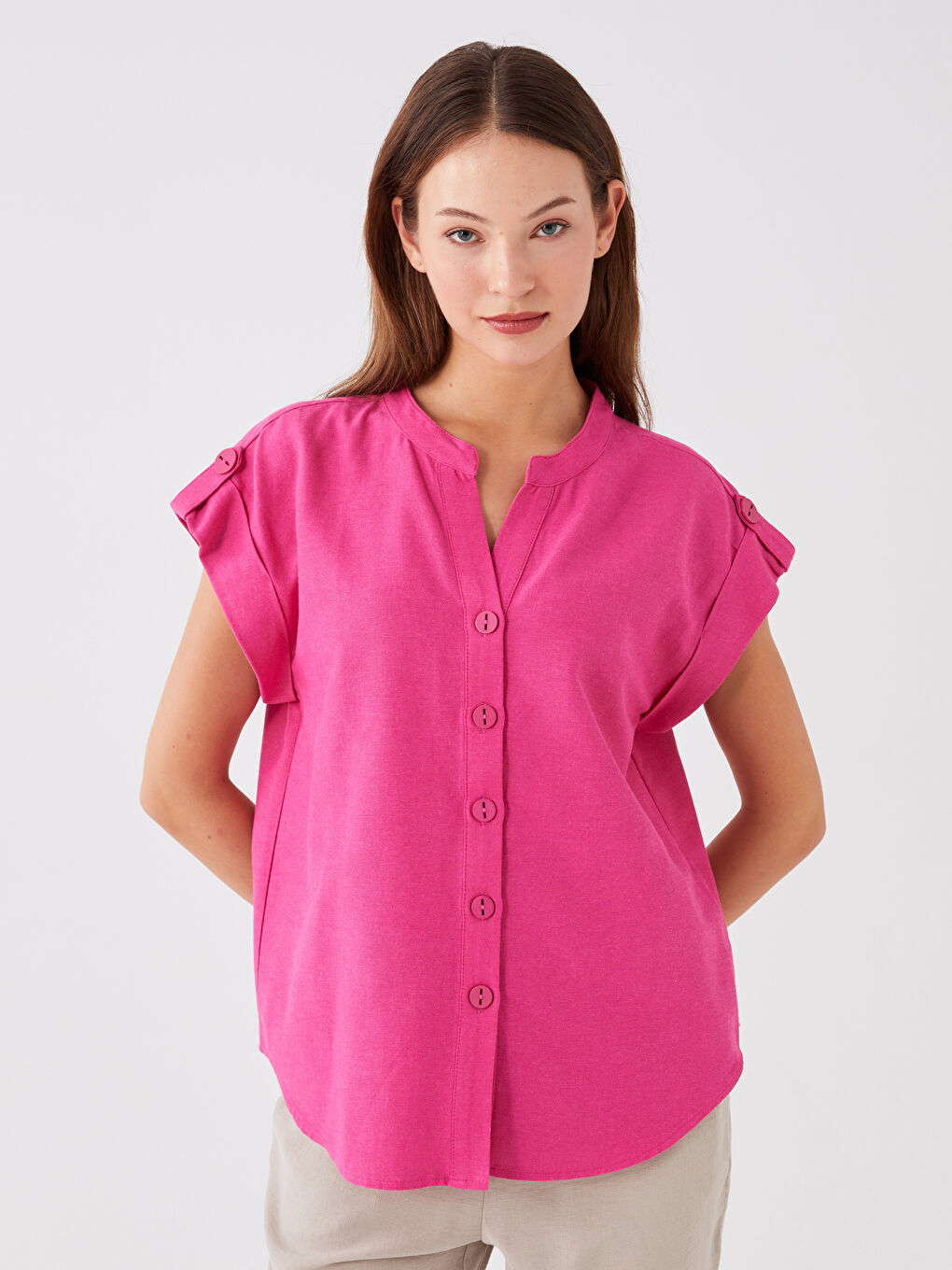 Pembe Kaçık Yaka Düz Kısa Kollu Kadın Bluz-1