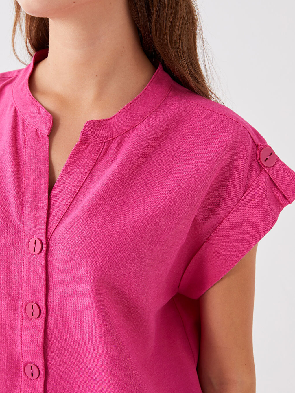 Pembe Kaçık Yaka Düz Kısa Kollu Kadın Bluz-3