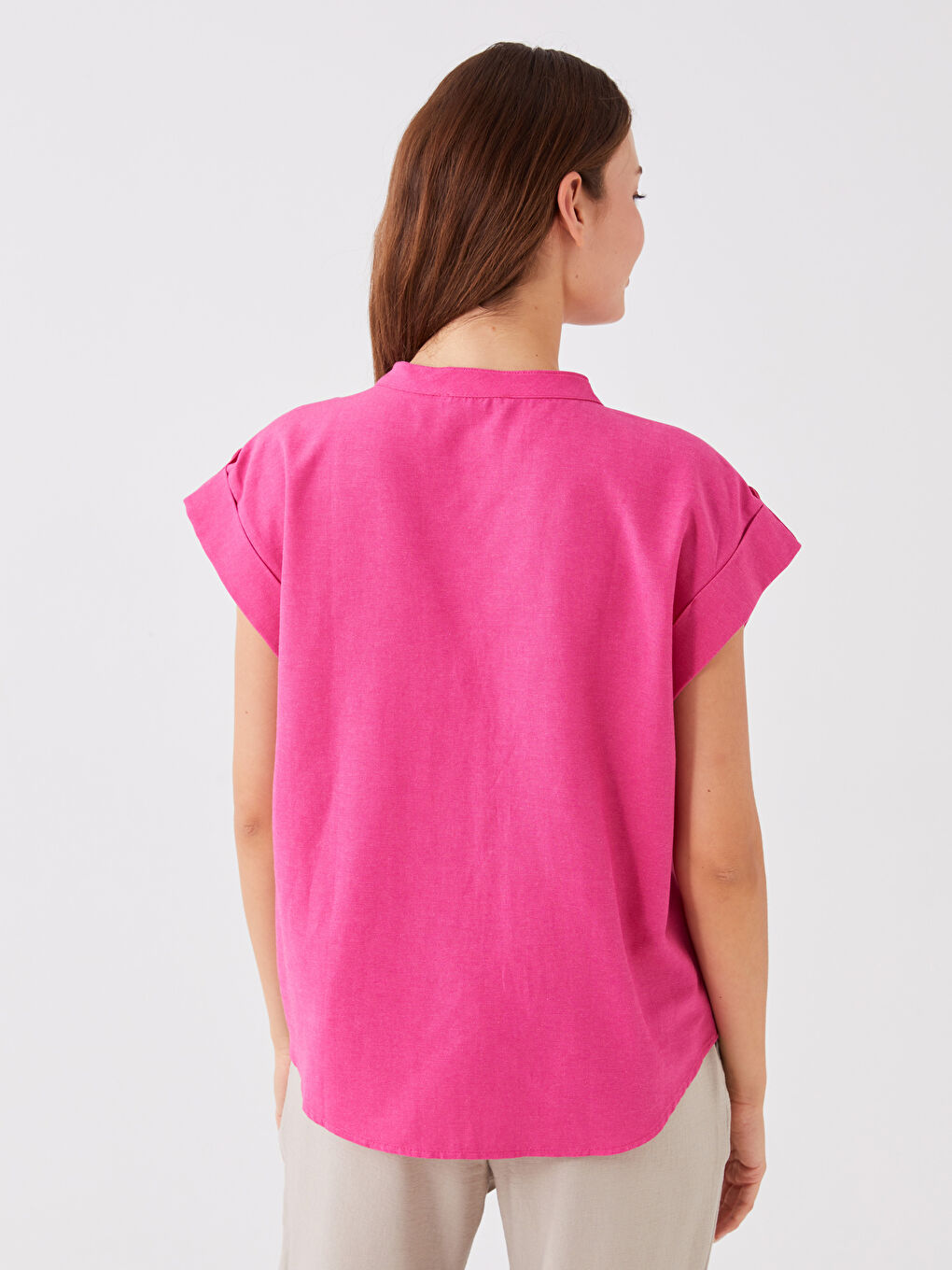 Pembe Kaçık Yaka Düz Kısa Kollu Kadın Bluz-4