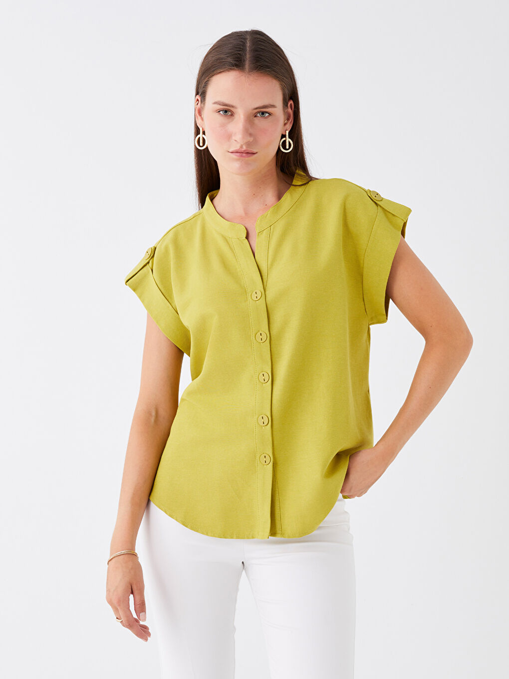 Yeşil Kaçık Yaka Düz Kısa Kollu Kadın Bluz