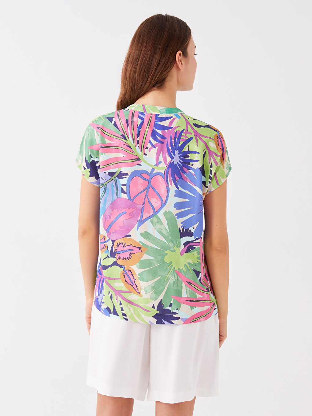 Yeşil Kaçık Yaka Desenli Kısa Kollu Kadın Bluz-4