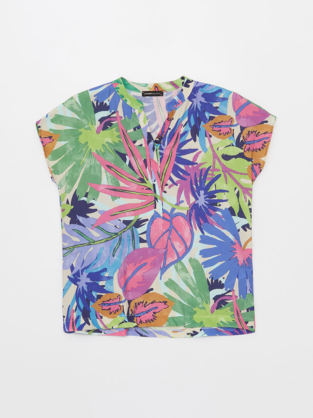 Yeşil Kaçık Yaka Desenli Kısa Kollu Kadın Bluz-5