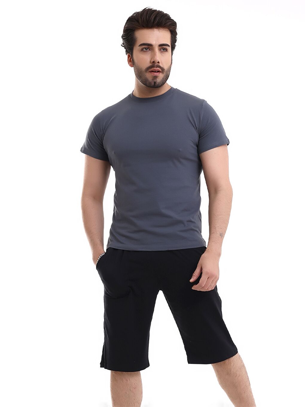 Antrasit Bisiklet Yaka Erkek Pijama Takımı