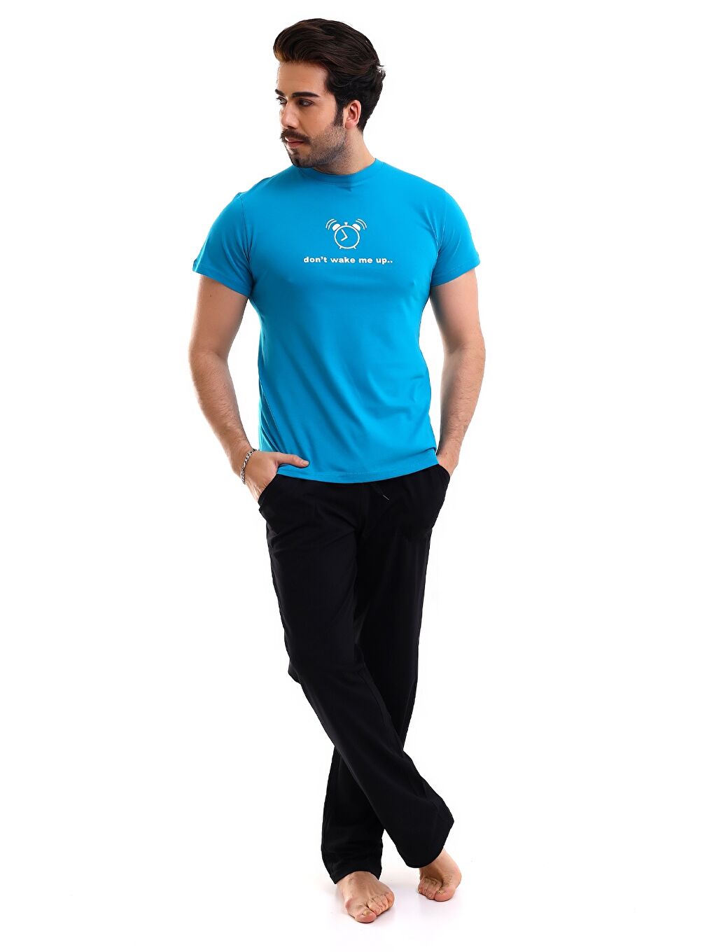 Mavi Geniş Kalıp Baskılı Erkek Pijama Takımı