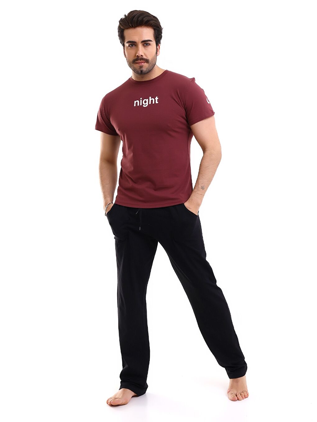 Bordo Geniş Kalıp Baskılı Erkek Pijama Takımı