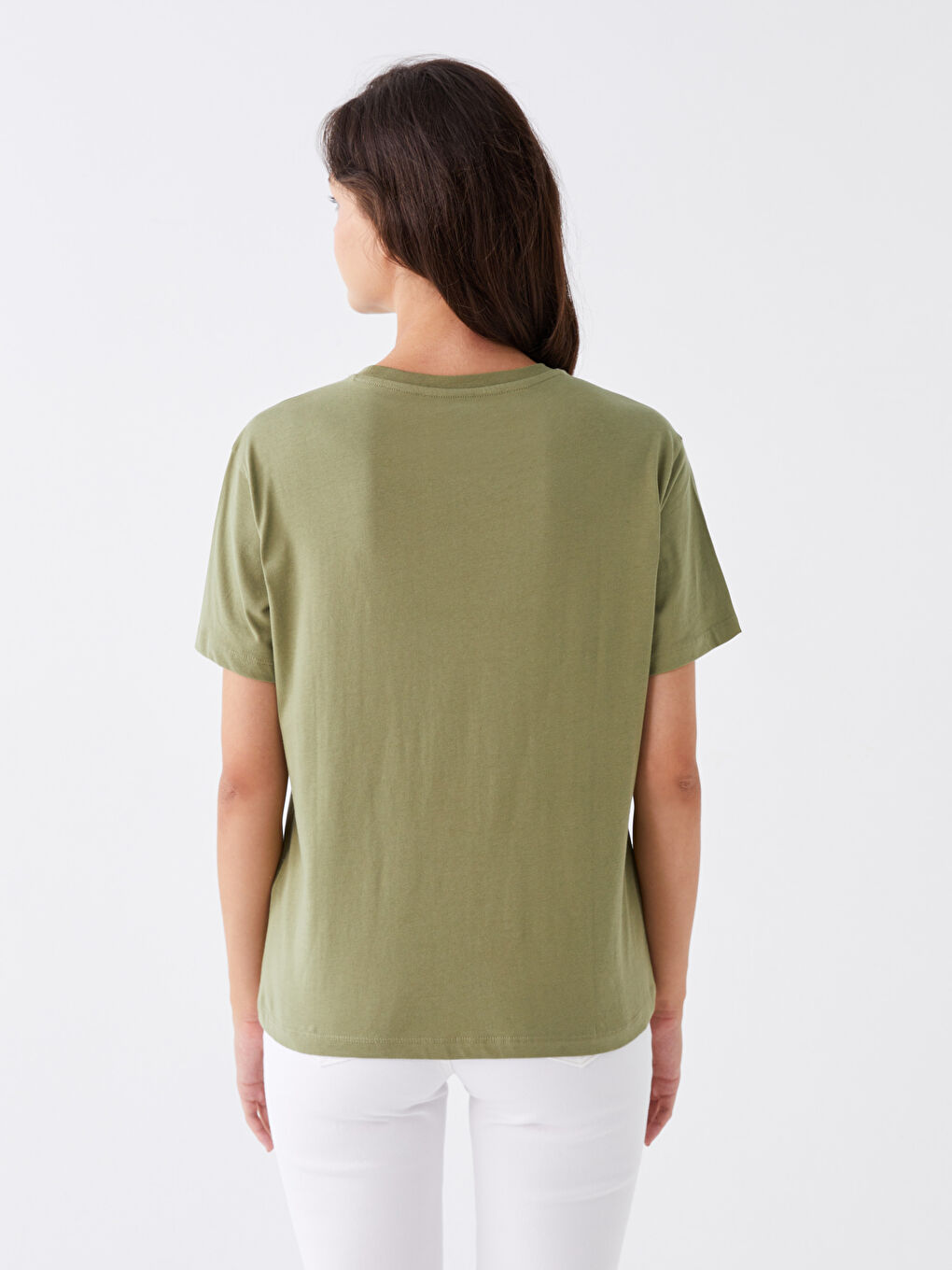 Yeşil Bisiklet Yaka Baskılı Kısa Kollu Kadın Tişört-4