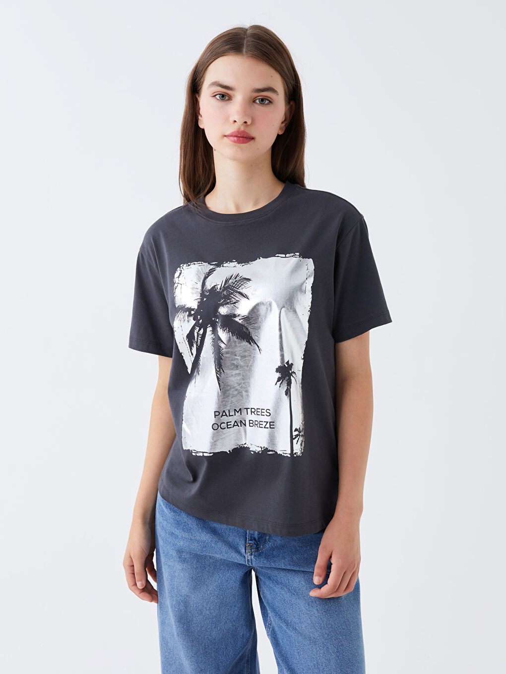 Antrasit Bisiklet Yaka Baskılı Kısa Kollu Kadın Tişört